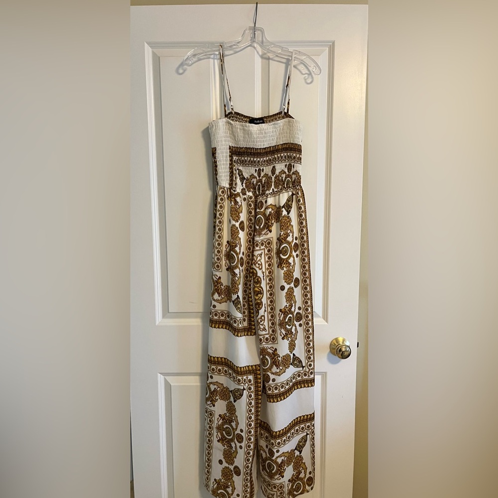 Greek Deco White and Gold Patterned Jumpsuit